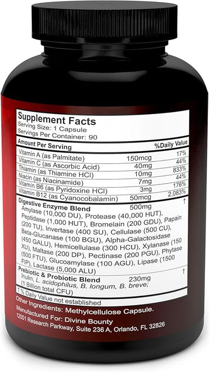 Divine Bounty Digestive Enzymes with Probiotics & Prebiotics with Lipase, Amylase, Bromelain - Support a Healthy Digestive Tract for Men and Women – 90 Vegetarian Capsules
