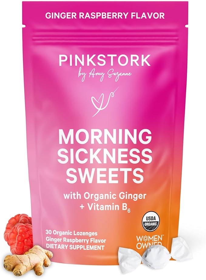 Pink Stork Morning Sickness Sweets, Organic Raspberry Ginger Candy with Vitamin B6, Support for Motion Sickness, Prenatal Heartburn - Pregnancy Must Haves - 30 Wrapped Drops