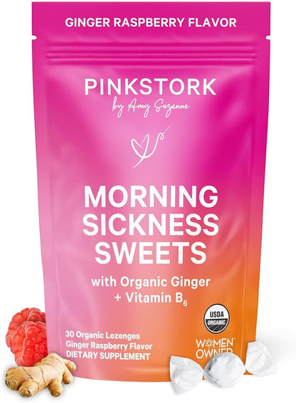 Pink Stork Morning Sickness Sweets, Organic Raspberry Ginger Candy with Vitamin B6, Support for Motion Sickness, Prenatal Heartburn - Pregnancy Must Haves - 30 Wrapped Drops