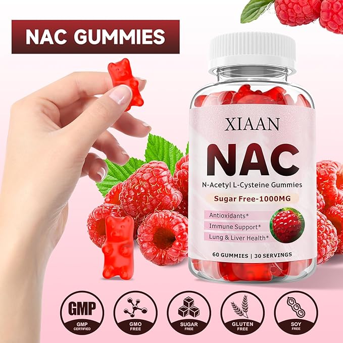 NAC Gummies for Kids & Adults, N Acetyl Cysteine 1000mg NAC Supplement for Antioxidants & Immune Support, Lung & Liver Health, Raspberry Flavor 60 Count