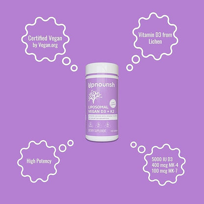 UpNourish Certified Vegan Vitamin D3 5000 IU K2 MK4 MK7 500 mcg Supplement, 150 Softgels, Plant Based Liposomal Vitamin D K with Organic Coconut Oil, Non GMO, Gluten and Gelatin Free