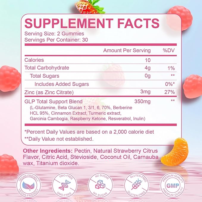 GLP-1 Support for Women & Men, Sugar-Free Gummies with Berberine, Cinnamon, Turmeric, Raspberry Ketone, Resveratrol, Appetite & Craving Control, Metabolism Digestion & Gut, No Stomach, 120 Count