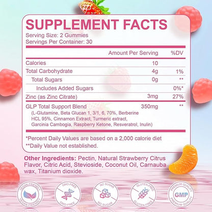 ZHPHK GLP-1 Support Gummies, Sugar-Free with Berberine, Cinnamon, Turmeric, Raspberry Ketone, Resveratrol, Appetite & Craving Control, Metabolism Digestion & Gut, No Stomach, 60 Count
