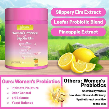 Her Juicy Feminine Probiotics Gummies for pH Balance - Slippery Elm, Lactobacillus Blend - Gut & Immune Support - Pineapple Gummies, 60 Count (Lemon)