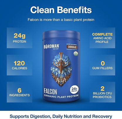 BIRDMAN Falcon Vegan Protein Powder Organic, Stevia & Sugar Free, Plant Based Protein, Low Carb, Dairy Free, Keto, Non Whey Protein, Probiotic, Pea Protein | Chocolate Flavor - 18 Servings - 1.32lb