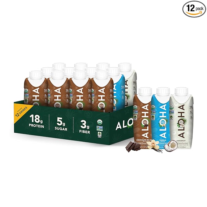 ALOHA Organic Plant-Based Protein Drink – Variety Pack | 18g Protein, 5g Sugar, 3g Fiber | Made with Creamy Coconut Milk, Fair Trade Certified, No Stevia | Vegan, Non-GMO, Gluten-Free, 11 fl oz (12 Pack)