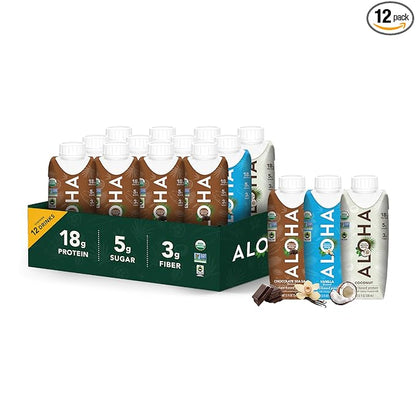 ALOHA Organic Plant-Based Protein Drink – Variety Pack | 18g Protein, 5g Sugar, 3g Fiber | Made with Creamy Coconut Milk, Fair Trade Certified, No Stevia | Vegan, Non-GMO, Gluten-Free, 11 fl oz (12 Pack)