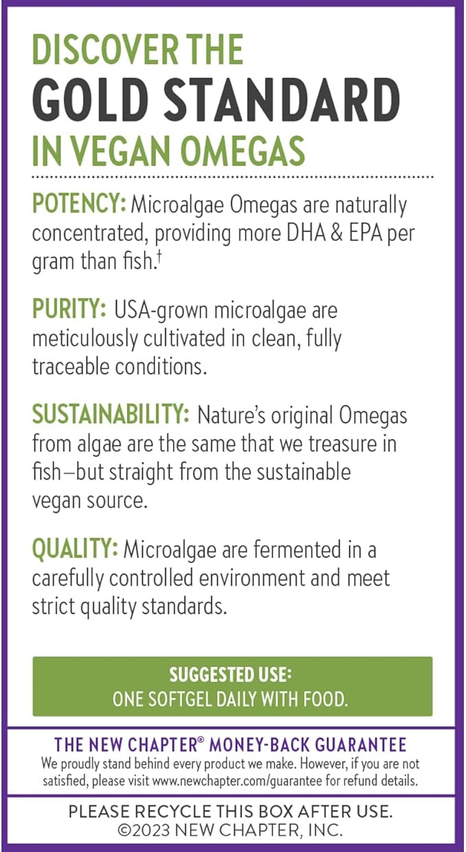 New Chapter Vegan Algae Oil, DHA, EPA, and DPA Supplement - Vegan Omega-3 Complex for Heart, Brain, Eye & Joint Support - 30 Softgels
