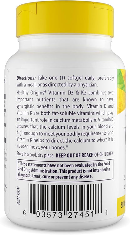 Healthy Origins Vitamin D3 & K2 - Vitamin D3, 50 mcg - Vitamin K2, 200 mcg - Easily Absorbable Vitamin D & Vitamin K Supplements - Non-GMO & Gluten-Free Supplements - 60 Softgels