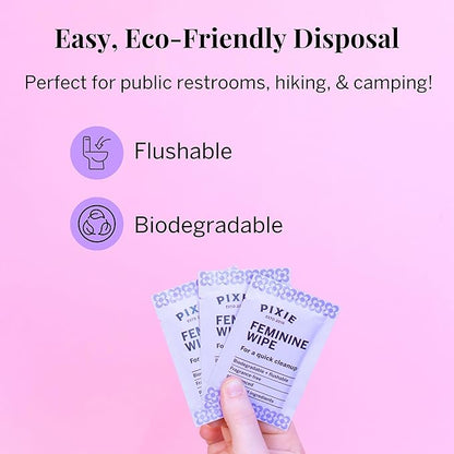 Pixie Feminine Wipes - Flushable, Biodegradable, & Ph Balanced - Individually Wrapped Packet Wipes for On The Go & Public Bathrooms - Wash & Cleaner For Your Menstrual Cups & Discs (1 Pack of 10)
