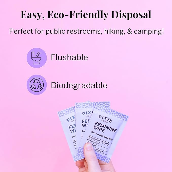 Pixie Feminine Wipes - Flushable, Biodegradable, & Ph Balanced - Individually Wrapped Packet Wipes for On The Go & Public Bathrooms - Wash & Cleaner For Your Menstrual Cups & Discs (2 Packs of 20)