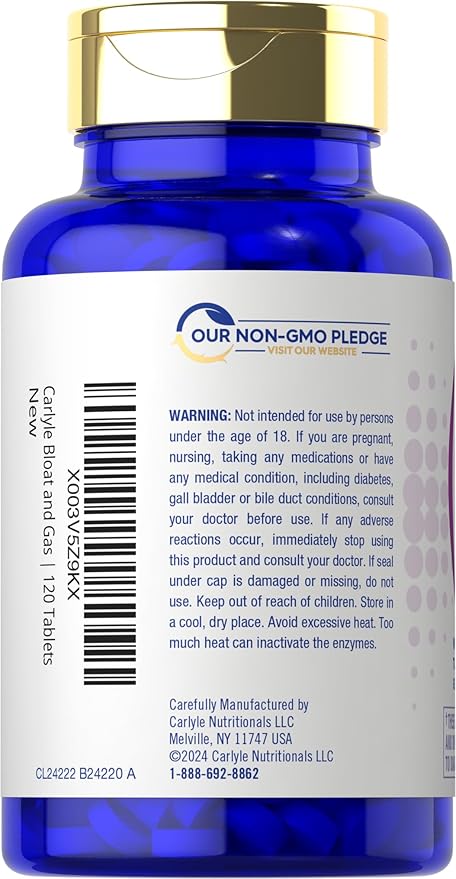 Carlyle Bloat & Gas Support for Men & Women | 120 Tablets | Extra Strength Pills | Supplement with Enzymes, Turmeric, Ginger & More | Non-GMO & Vegetarian Formula