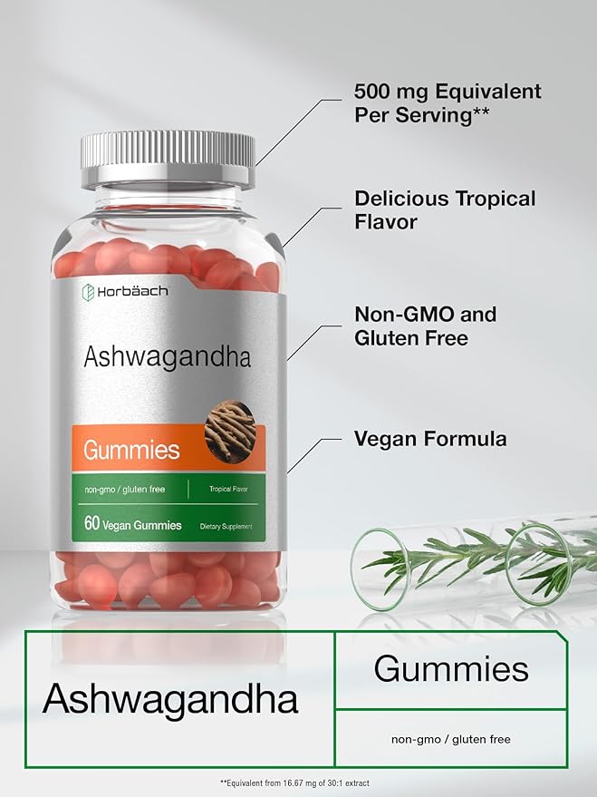 Horbäach Ashwagandha Gummies | 60 Vegan Chewable Gummies | Tropical Flavor | Supplement for Men and Women | Herb Root Extract | Vegan, Non-GMO, Gluten Free