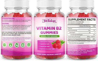 Vitamin B2 Gummies 400mg – Riboflavin Supplement with Magnesium for Kids & Adults | Supports Nervous System & Energy Production | Sugar Free, Vegan, Non-GMO, Raspberry Flavor - 120 Count