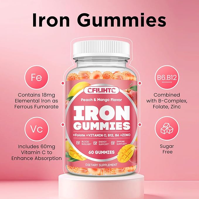 Center-Filled Iron Gummies for Adults & Kids - Iron Supplement with Vitamin B6, B12, C, Zinc, Folate - Support Women Iron Deficiency, Anemia, Blood Builder - Sugar Free Vegan 60ct Peach & Mango Flavor