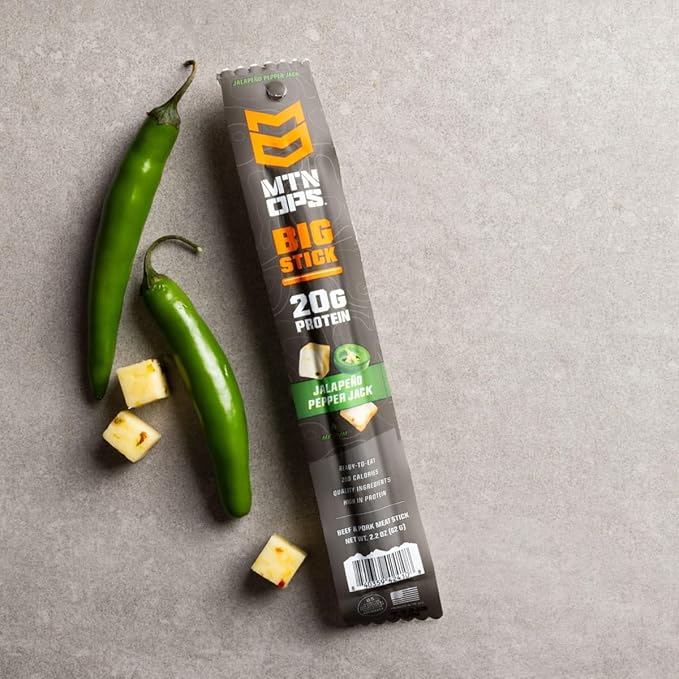 MTN OPS Big Stick High Protein Meat Sticks - 20g Protein, 10% Collagen - Jalapeño Pepper Jack Flavor - Individually Wrapped Beef Snacks - 10 Count Carton