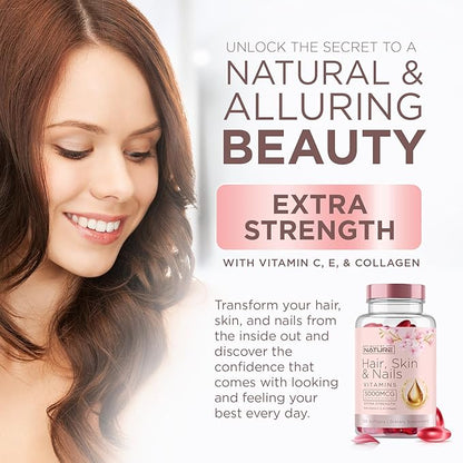 Hair Skin and Nails Vitamins – 5000mcg Biotin with Vitamin C, E, Collagen, Hyaluronic Acid, Argan & Coconut Oil – Luscious Hair Growth & Radiant Skin Supplement for Women – 120 Softgels