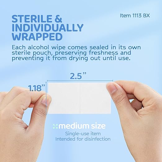 Dynarex DynaSafety Sterile Alcohol Prep Pads - Medium - 70% Isopropyl Alcohol, Individually Wrapped, Soft Cleaning Wipes - 200 per Box