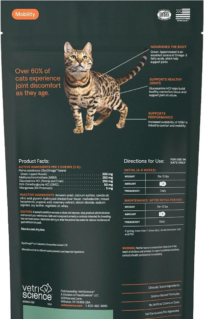 VetriScience Healthy Hip & Joint Chews, GlycoFlex Glucosamine and Green-Lipped Mussel Joint Support Supplement for Cats, Promote Mobility and Protect Joints, Chicken, 60 Count