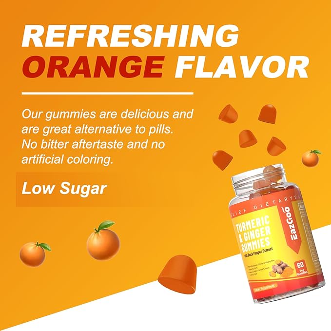 Turmeric Curcumin Gummies 500mg for Adults, with Black Pepper, Ginger Root, Vitamine C, Low Sugar Fruit Gummies, Orange Flavor - 60 Counts