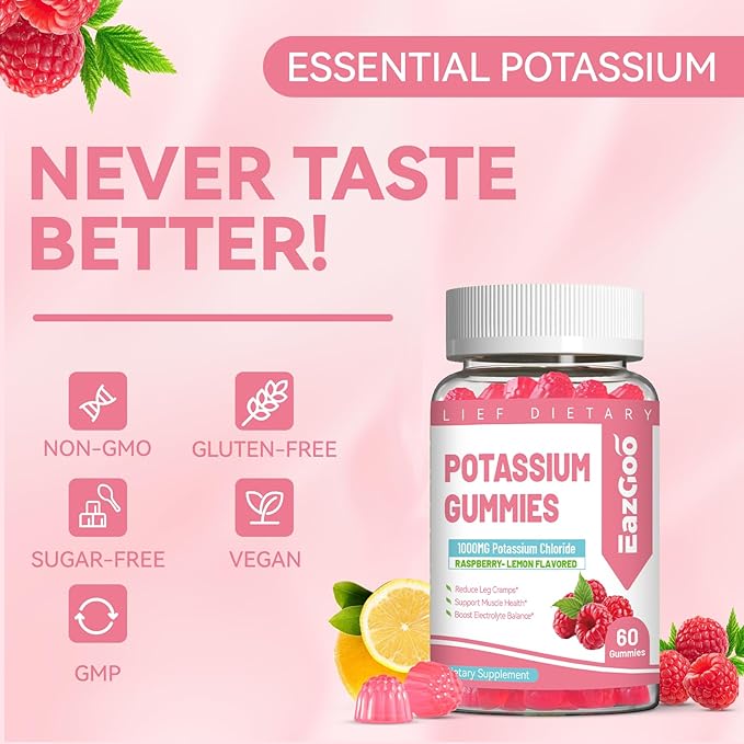 2 Pack Potassium Gummies, Potassium Chloride 1000mg for Adults, Chewable Potassium Supplement for Women & Men, Support Leg Cramps & Muscle Health - Sugar-Free, Vegan,120 Count