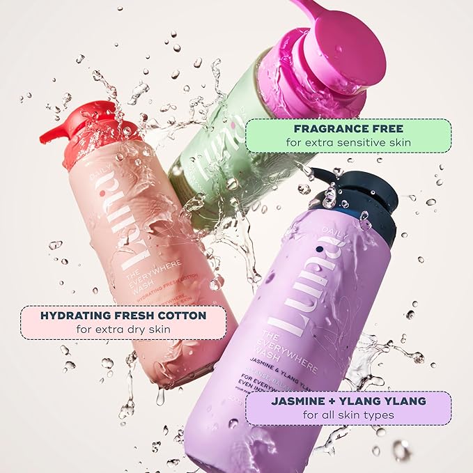 Luna Daily Hydrating Everywhere Wash | Gentle Feminine Body Wash for Sensitive Skin | Ph Balance Daily Cleanser with Coconut & Lactic Acid Prebiotics | Fresh Cotton Scent | 13.5 oz (400ml)
