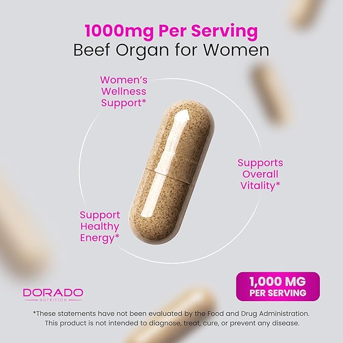 Beef Organ Supplement for Women - Grass Fed Beef Liver, Heart, Kidney & Uterus 1000mg Per Serving - Support Women's Energy & Overall Health - Third Party Tested & Non GMO - USA Made (60 Capsules)