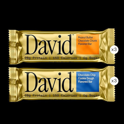 David High Protein Bars - 0g of Sugar, Low Carb, Gluten Free - 28g of Protein, 150 Calories - Variety 6 Pack (3x Peanut Butter Chocolate Chunk, 3x Chocolate Chip Cookie Dough