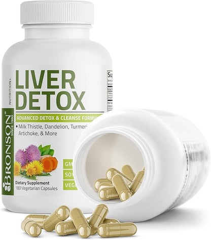 Bronson Liver Detox Advanced Detox & Cleansing Formula Supports Health Liver Function with Milk Thistle, Dandelion Extract, Turmeric, Artichoke Leaf & More, Non-GMO, 180 Vegetarian Capsules