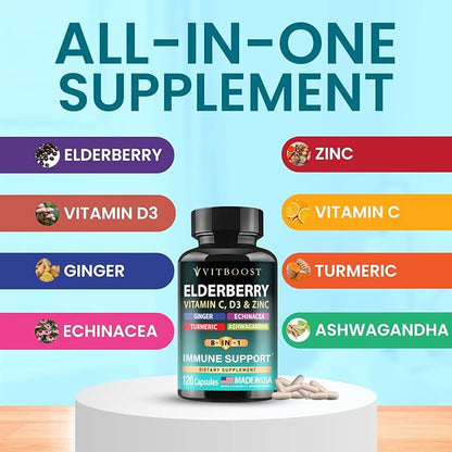 Elderberry Immune Support Supplement 8-in-1 Formula with Echinacea, Vitamin C & Zinc, Vitamin D 5000 IU, Turmeric, Ginger, Ashwagandha – 120 Capsules