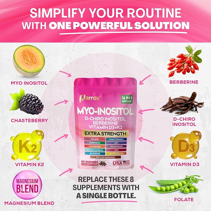 Myo-Inositol & D-Chiro Inositol Gummies with Berberine, Vitamins D3+K2, B12, Folate, Zinc, Magnesium, Ashwagandha, Chasteberry, Bioperine, DIM - 16 in 1 Supplement - Mixed Berry Flavor - 90 Gummies