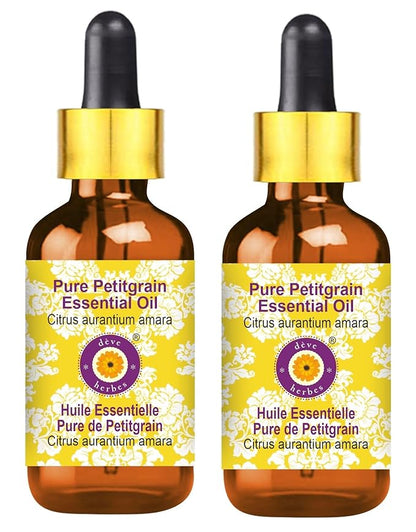 Deve Herbes Pure Petitgrain Essential Oil (Citrus aurantium Amara) with Glass Dropper Steam Distilled (Pack of Two) 100ml X 2 (6.76 oz)
