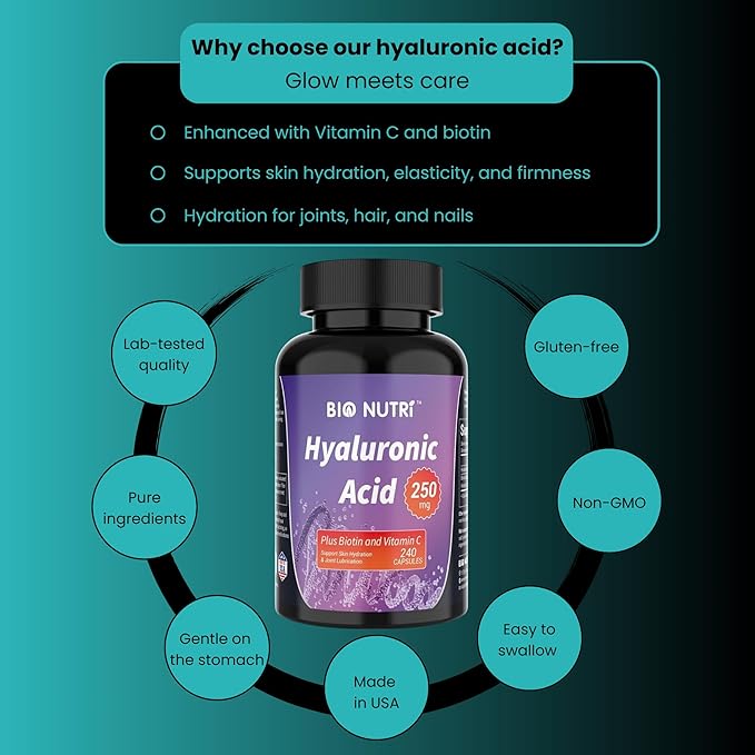 BIO NUTRI Hyaluronic Acid Supplements 250mg|240 Capsules，with Biotin 5000mcg & Vitamin C 25mg - Skin, Hair & Joint 3 in1 Support (1)