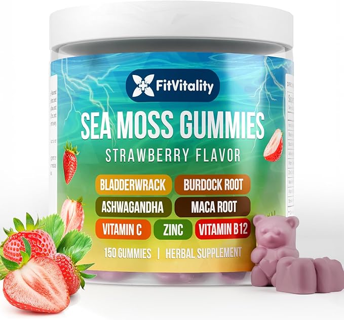 150 Sea Moss Gummies | 9-in-1 Formulation with Irish Sea Moss, Ashwagandha, Burdock, Elderberry, Bladderwrack, Maca, Zinc, B12 | Energy & Immune Support | Strawberry Flavor Vegan Gummies