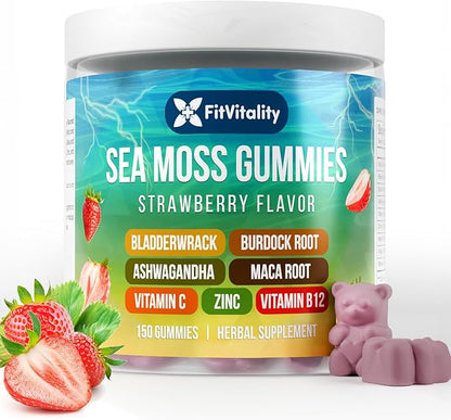150 Sea Moss Gummies | 9-in-1 Formulation with Irish Sea Moss, Ashwagandha, Burdock, Elderberry, Bladderwrack, Maca, Zinc, B12 | Energy & Immune Support | Strawberry Flavor Vegan Gummies