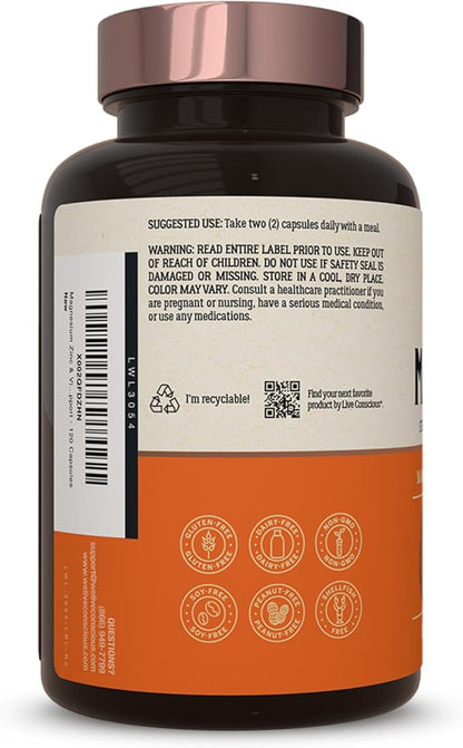 Live Conscious Magnesium Zinc & Vitamin D3 - Bioavailable Forms of Magnesium - Malate, Glycinate, Citrate - MagWell Bone & Heart Health, Immune System Support - 120 Capsules (2-Pack)