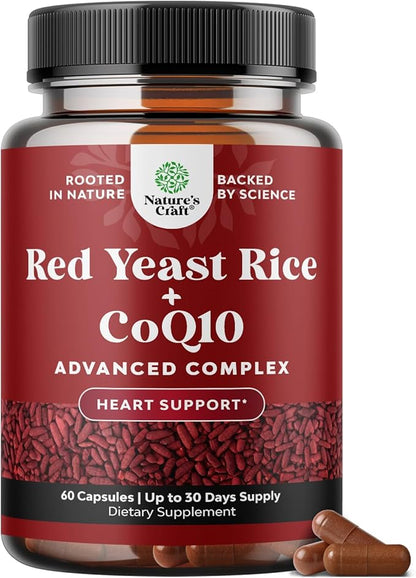 Red Yeast Rice with CoQ10 Supplement - Advanced Healthy Heart & Healthy Cholesterol Levels Formula for Men & Women - Red Yeast Rice Capsules with 1200mg per Serving and CoQ10-60 Count