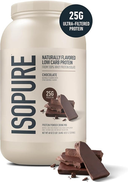 Isopure Low Carb 100% Pure Whey Isolate Protein Powder, Lactose Free, Gluten Free, with Vitamins, Chocolate, 25g Protein Per Serving, 3 Lbs, 42 Servings (Packaging May Vary)