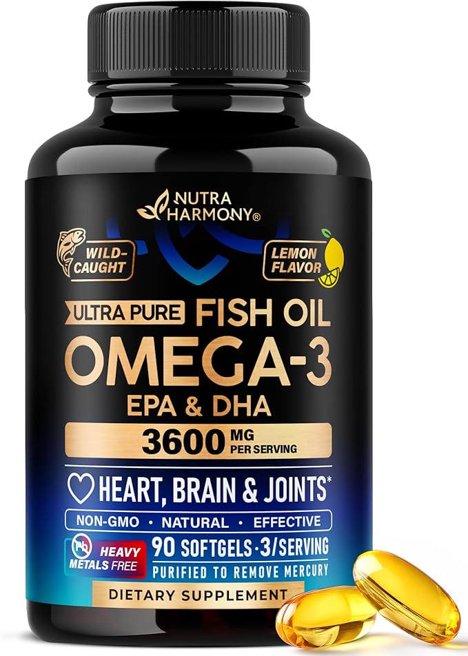 Omega 3 Fish Oil 3600 mg - Omega 3 Supplement | EPA & DHA - Heavy Metals Free - Heart, Brain & Joint Support - Purified Fish Oil for Men & Women - Lemon Flavored - Made in USA, 90 Softgels