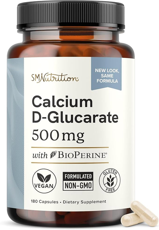 Calcium D-Glucarate | 500mg | CDG for Liver Detox and Cleanse, Hormone Balance, and Menopause Support | Calcium Supplement | Vegan, Non-GMO, & Third-Party Tested | 180 Capsules (6-Month Supply)