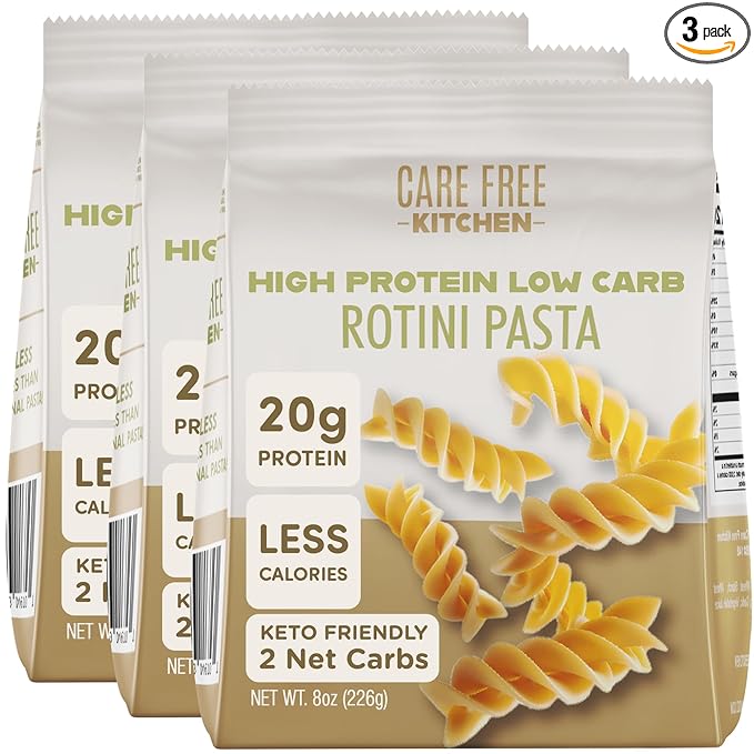Care Free Kitchen Plain 3-Pack (8 oz. Bags) Rotini Keto Pasta Noodles, 20g High Protein, Low Carb 2g Net Carbs, 26g High Fiber