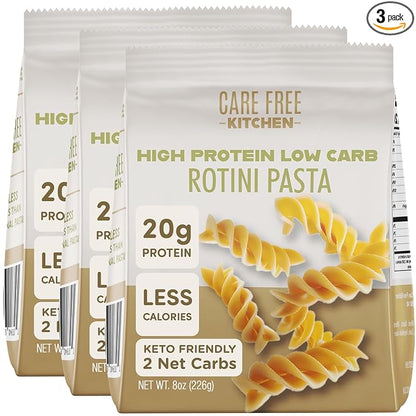 Care Free Kitchen Plain 3-Pack (8 oz. Bags) Rotini Keto Pasta Noodles, 20g High Protein, Low Carb 2g Net Carbs, 26g High Fiber