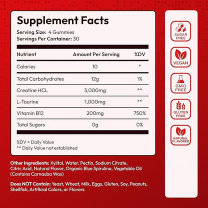 Creatine HCL for Adults 120 Gummies 6200mg - HCL Creatine Advanced Complex with L-Taurine + Vitamin B12 for Men & Women Muscle Strength & Builder, Energy Boost, Pre-Workout & Recovery Supplement