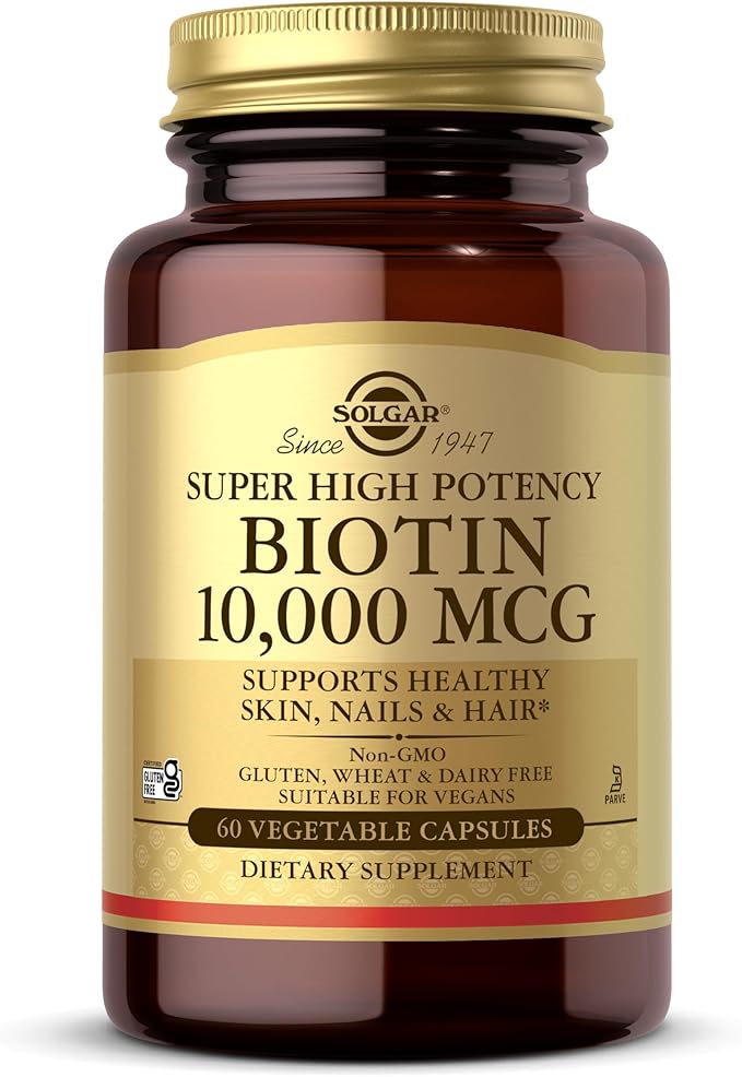 Solgar Biotin 10,000 mcg, 60 Vegetable Capsules - Energy, Metabolism, Promotes Healthy Skin, Nails & Hair - Super High Potency - Non-GMO, Vegan, Gluten Free, Dairy Free, Kosher - 60 Servings