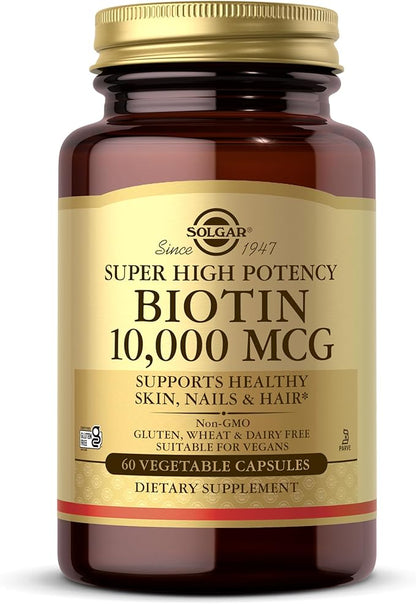 Solgar Biotin 10,000 mcg, 60 Vegetable Capsules - Energy, Metabolism, Promotes Healthy Skin, Nails & Hair - Super High Potency - Non-GMO, Vegan, Gluten Free, Dairy Free, Kosher - 60 Servings
