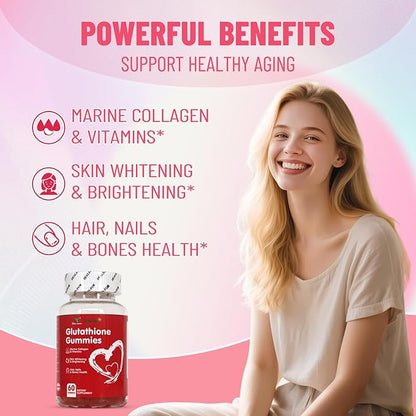Glutathione Gummies 1000mg, Rich in Marine Collagen & Vitamins, Skin Whitening & Brightening, 60 Count