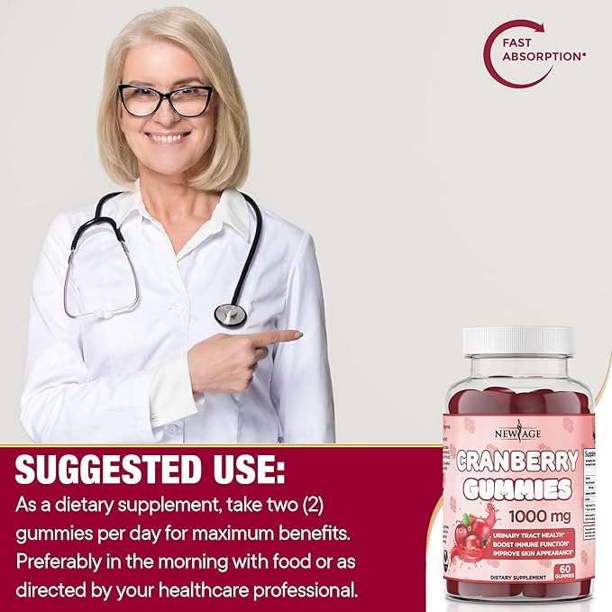 NEW AGE Cranberry Gummies Urinary Tract Health Gummies 1000mg - Supports Bladder, Kidney, UTI - Vegetarian (Cranberry 120 Count)