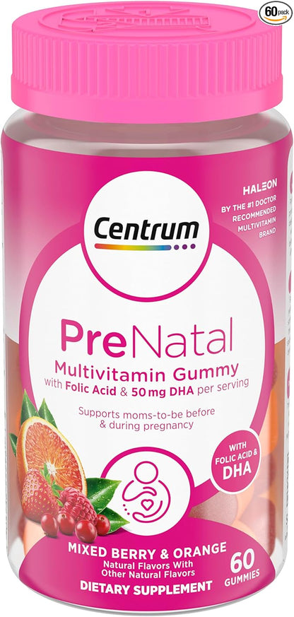 Centrum Prenatal Multivitamin Gummies with DHA and Folic Acid, Mixed Berry and Orange Flavors - 60 Count, 30 Day Supply
