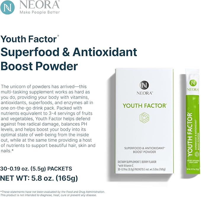 NEORA Youth Factor - Superfood Boost Powder - pH Balance, Hair Skin Nails Support, Fruits & Veggies Equivalent, Nutrient Absorption - 30 Packets