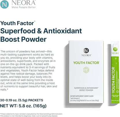 NEORA Youth Factor - Superfood Boost Powder - pH Balance, Hair Skin Nails Support, Fruits & Veggies Equivalent, Nutrient Absorption - 30 Packets